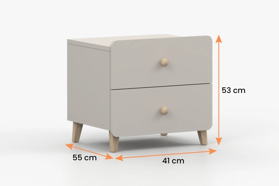 Maße des beigen Nachttischs: 53 cm Höhe, 41 cm Breite und 55 cm Tiefe.