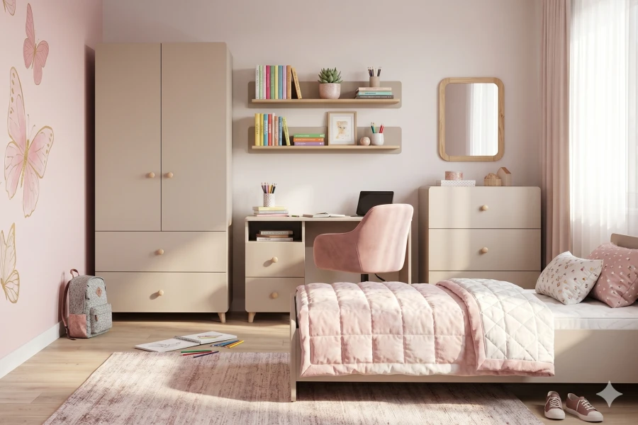 Modernes Mädchenzimmer Set in Rosa und Beige mit Bett, Schreibtisch und Kleiderschrank.