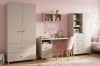 Stilvolles Jugendzimmer Möbelset mit Schreibtisch, rosa Samtstuhl und Kleiderschrank.