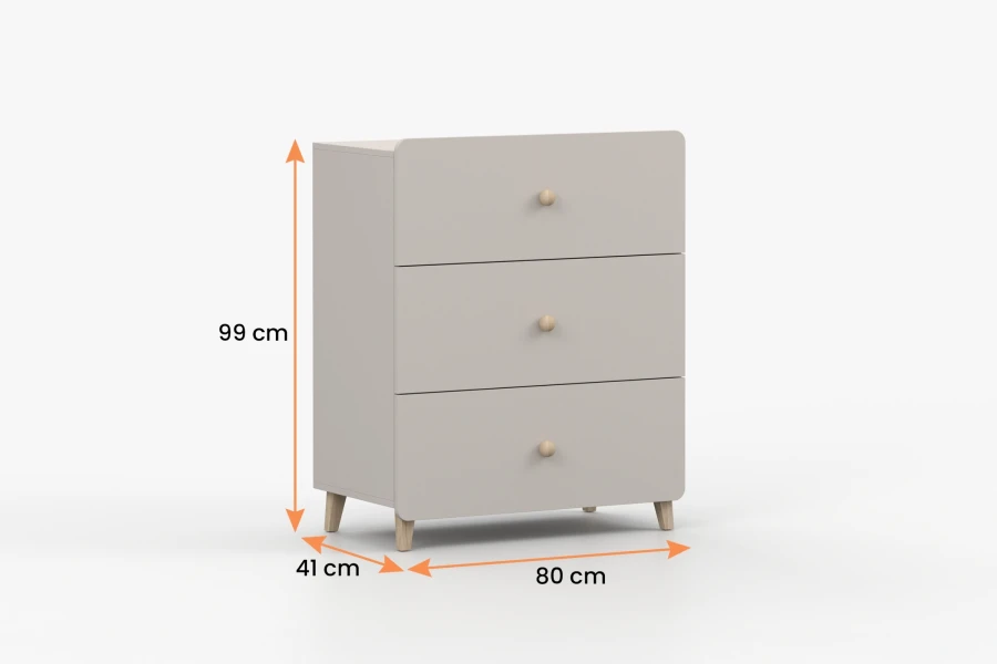 Beige Kommode mit Abmessungen: 80 cm breit, 99 cm hoch und 41 cm tief.