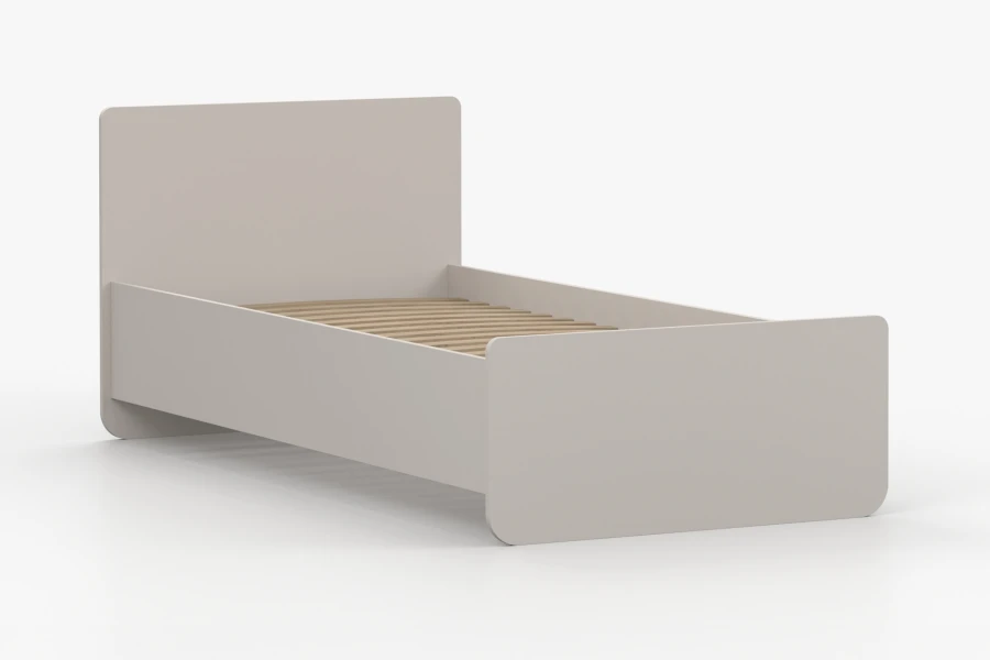 Modernes Kinderbett in Beige mit stabilem Lattenrost aus Holz.