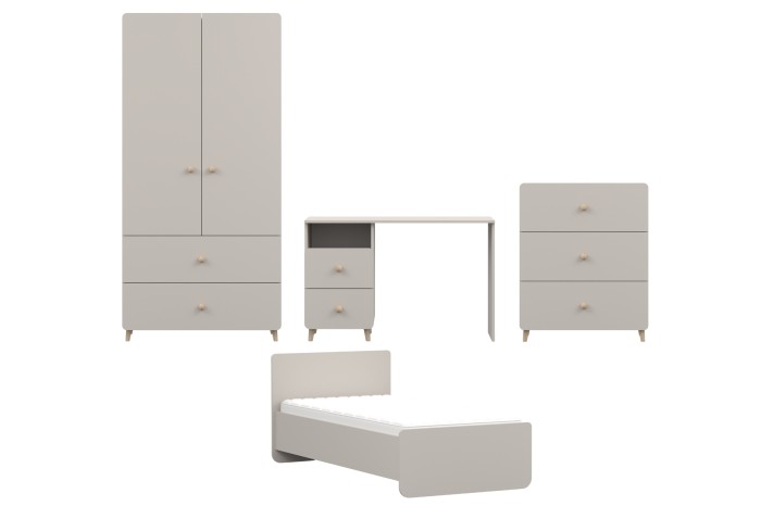 Vierteiliges Kinderzimmer-Möbelset in Beige: Bett, Schrank, Schreibtisch und Kommode.