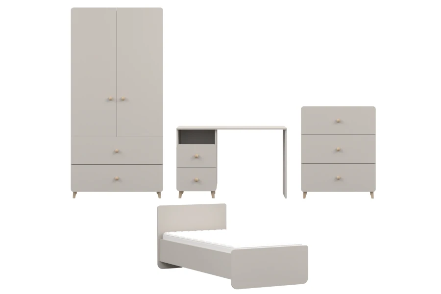 Komplettes Kinderzimmer-Set in Beige mit Bett, Schrank, Schreibtisch und Kommode
