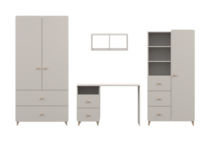 Beiges Kinderzimmer-Möbelset bestehend aus Kleiderschrank, Schreibtisch und Regal