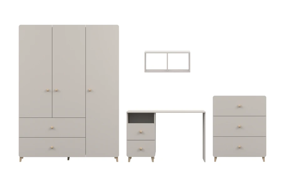 Komplettes Kinderzimmer-Möbelset in Beige mit Schrank, Schreibtisch, Kommode und Regal.