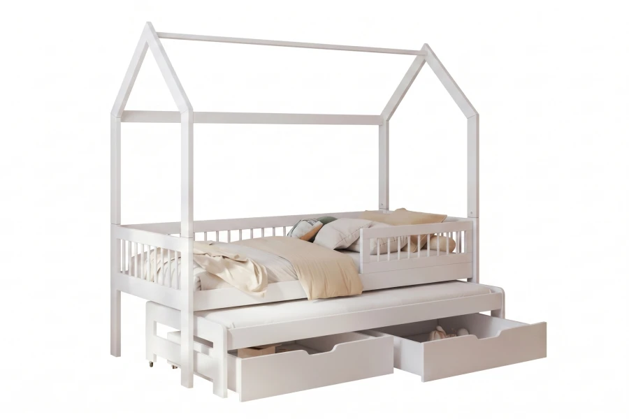 Modernes weißes Hausbett für Kinder inklusive Ausziehbett und zwei Bettkästen.