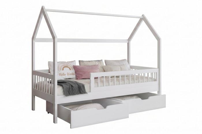 Weißes Hausbett aus Massivholz mit Rausfallschutz und zwei ausziehbaren Schubladen auf weißem Grund.