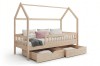 Hausbett für Kinder aus Naturholz mit Rausfallschutz und zwei ausziehbaren Bettkästen.