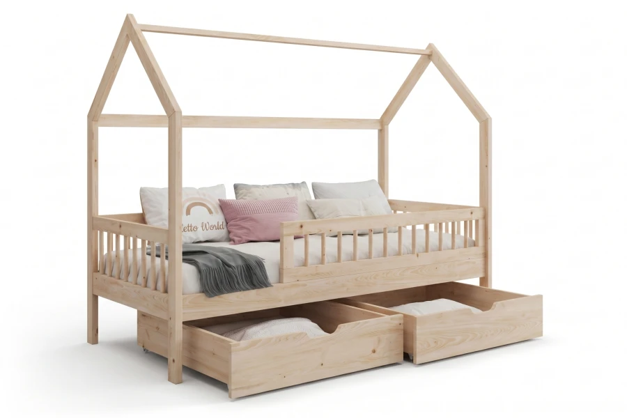 Hausbett für Kinder aus Naturholz mit Rausfallschutz und zwei ausziehbaren Bettkästen.