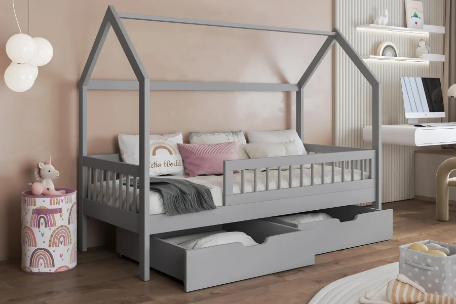 Modernes graues Hausbett im skandinavischen Design mit Schubladen und Fallschutz für das Kinderzimmer.