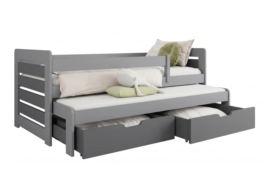 Graues Funktionsbett mit Ausziehbett und zwei Schubladen auf weißem Hintergrund.