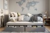Stilvolles Jugendzimmer mit grauem Funktionsbett, Weltkarte und Skateboard als Dekoration.