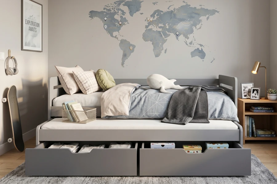 Stilvolles Jugendzimmer mit grauem Funktionsbett, Weltkarte und Skateboard als Dekoration.