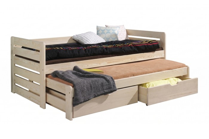 Funktionsbett aus massivem Kiefernholz mit Ausziehbett und zwei praktischen Schubladen.