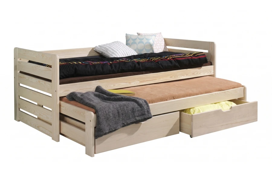 Funktionsbett aus massivem Kiefernholz mit Ausziehbett und zwei praktischen Schubladen.