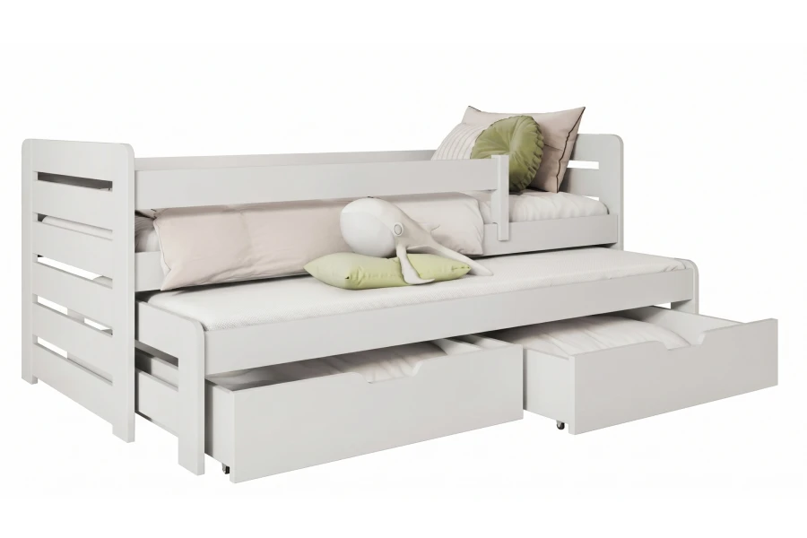 Weiß lackiertes Funktionsbett mit Rausfallschutz, zweiter Liegefläche und Bettkästen.
