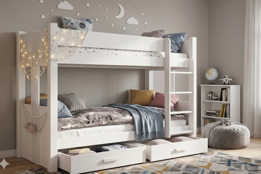 Weißes Etagenbett aus Holz für das Kinderzimmer mit zwei Liegeflächen und Bettschubladen.