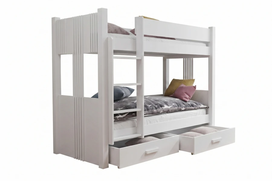Weißes Stockbett aus Massivholz mit zwei großen Schubladen auf weißem Hintergrund präsentiert.