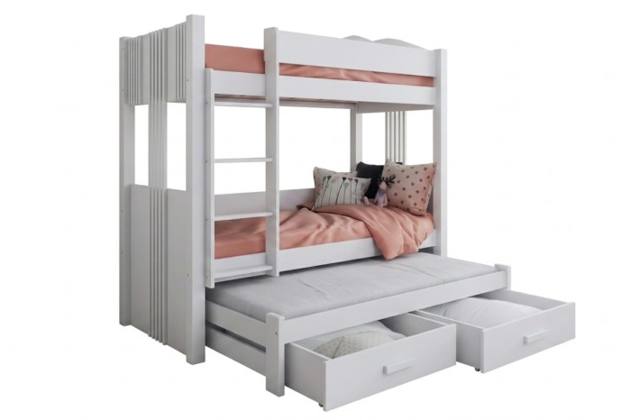 Modern bunk bed in white with pull-out guest bed and two drawers.
