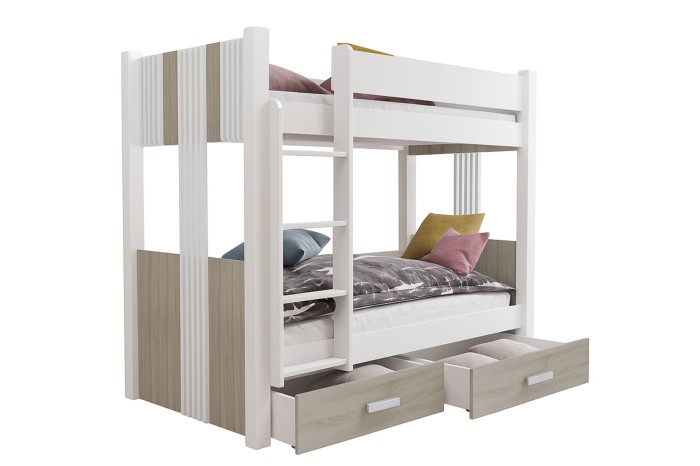 Weißes Kinder-Stockbett mit Bettkästen vor neutralem weißem Hintergrund.