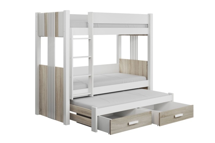 Funktionales 3-Personen-Bett in Weiß und Holzoptik mit Stauraum.