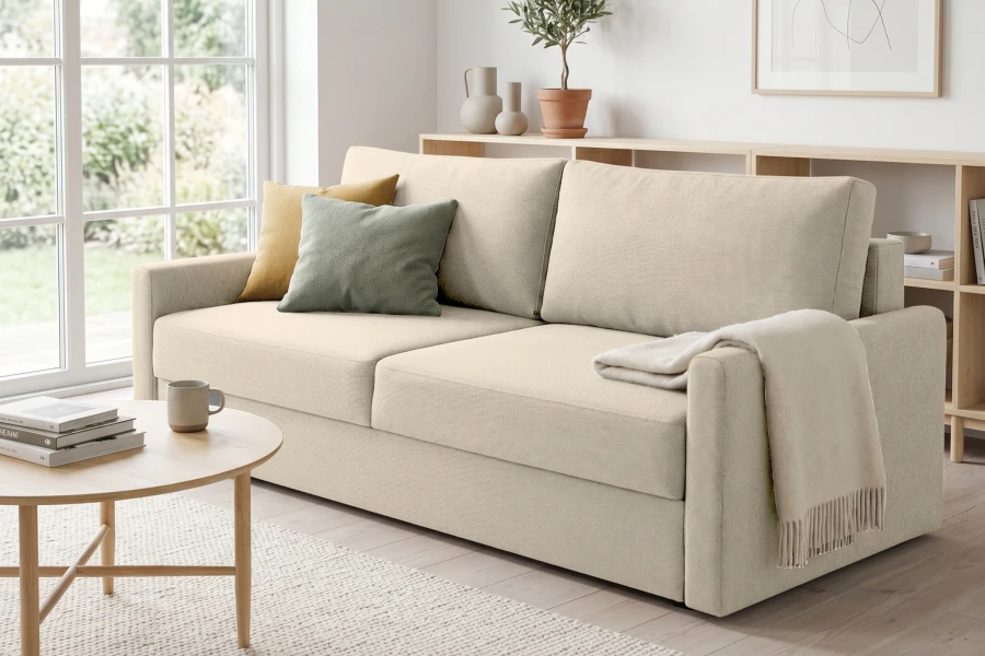 Gemütliches beiges 2-Sitzer Sofa in hellem Wohnzimmer mit Couchtisch und skandinavischem Dekor.