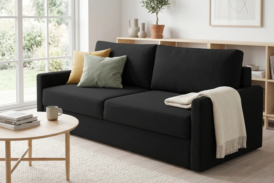 Modernes schwarzes Sofa als Blickfang in einem hellen Wohnbereich.