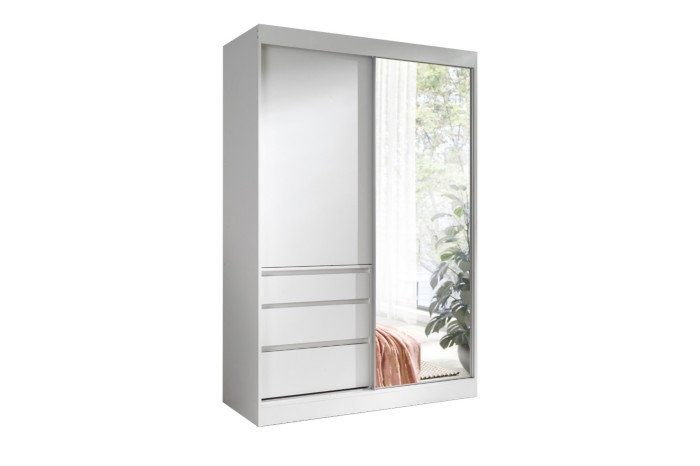 Moderner weißer Kleiderschrank mit Spiegeltür und drei Schubladen auf weißem Grund.