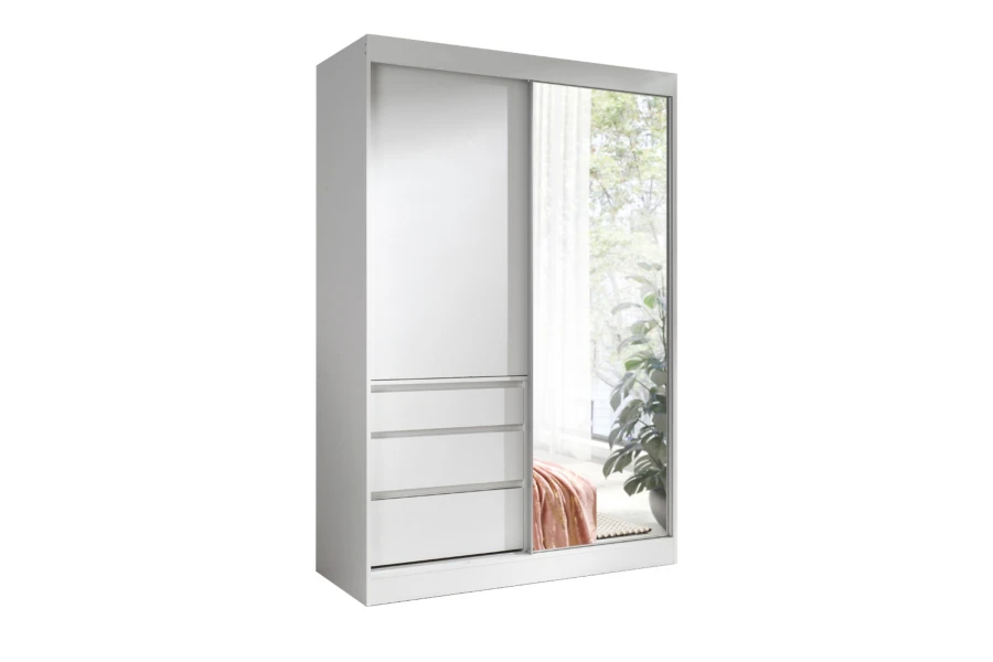 Weißer Schwebetürenschrank mit großem Spiegel und drei Schubladen für das Schlafzimmer.