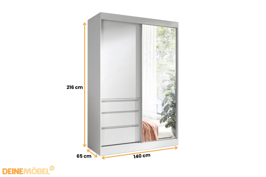 Abmessungen des weißen Kleiderschranks: 140 cm breit, 216 cm hoch, 65 cm tief.