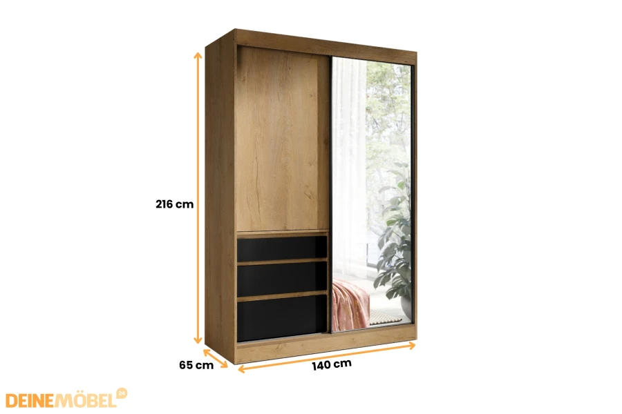 Kleiderschrank in Eiche mit schwarzen Schubladen und Spiegel - Maße: 140x216x65 cm.