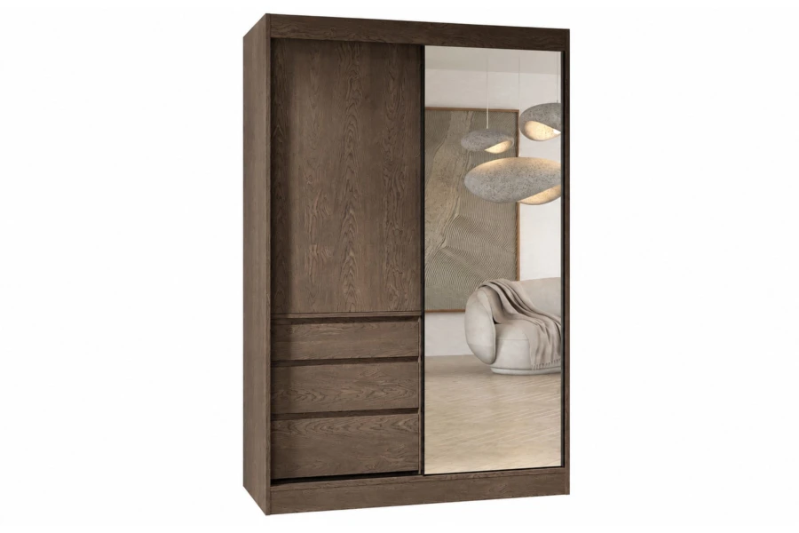Dunkler Schwebetürenschrank mit Spiegelfront und integrierten Schubladen im Holzdesign.
