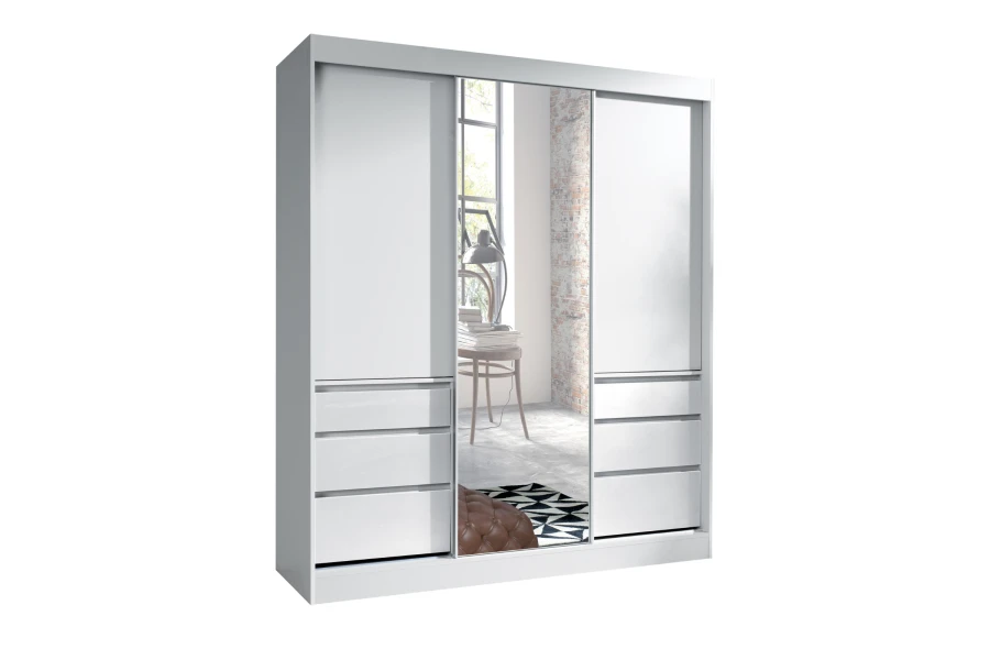 Großer weißer Schlafzimmerschrank mit Spiegeltür und sechs Schubladen in modernem Design.