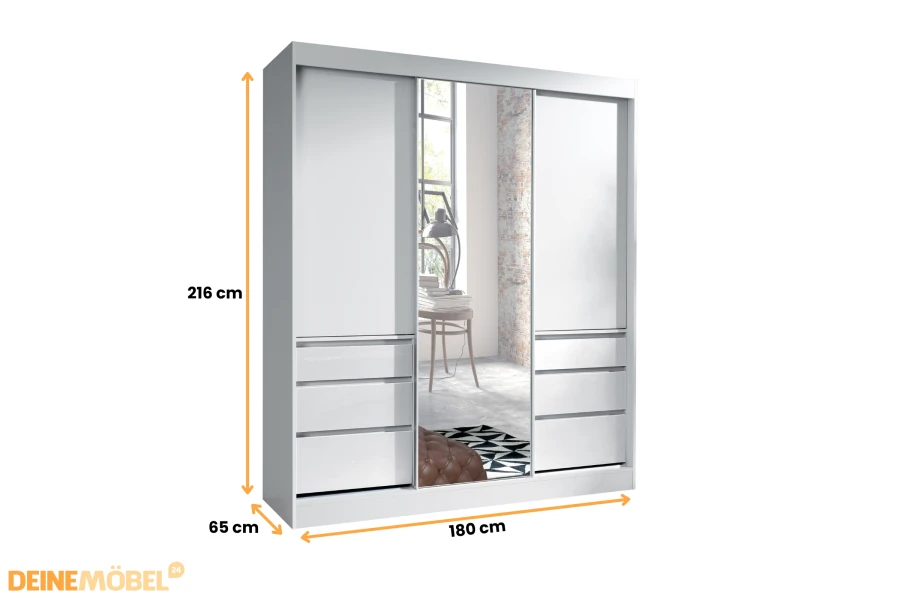 Maße weißer Kleiderschrank: 180cm Breite, 216cm Höhe, 65cm Tiefe für die Planung.