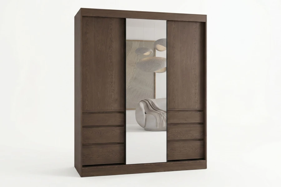 Moderner Schwebetürenschrank in dunkler Holzoptik mit großem Mittelspiegel und Schubladen.