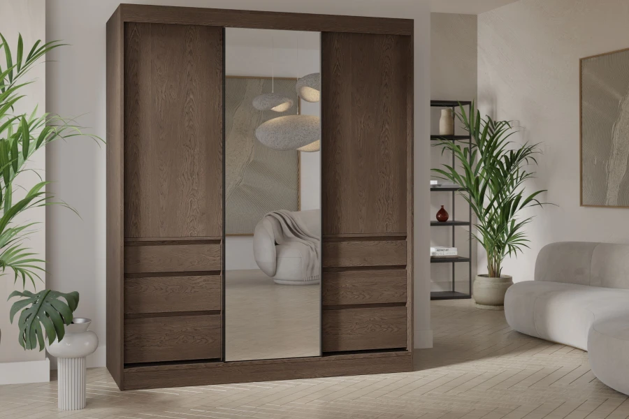 Eleganter dunkler Kleiderschrank mit Spiegelfront in einem stilvoll eingerichteten Raum.