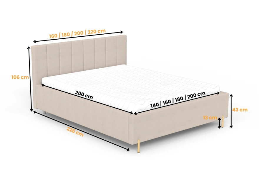 Technische Zeichnung mit Maßen für das beige Polsterbett: Höhen, Breiten und Tiefen im Überblick.