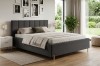 Modernes Schlafzimmer Design mit dunkelgrauem Polsterbett, Nachttisch und Goldlampe.