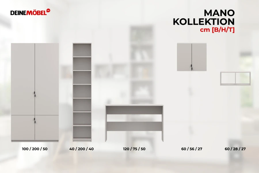 Möbelmaße der MANO Kollektion: Übersicht von Kleiderschrank, Regal und Schreibtisch mit cm-Angaben.
