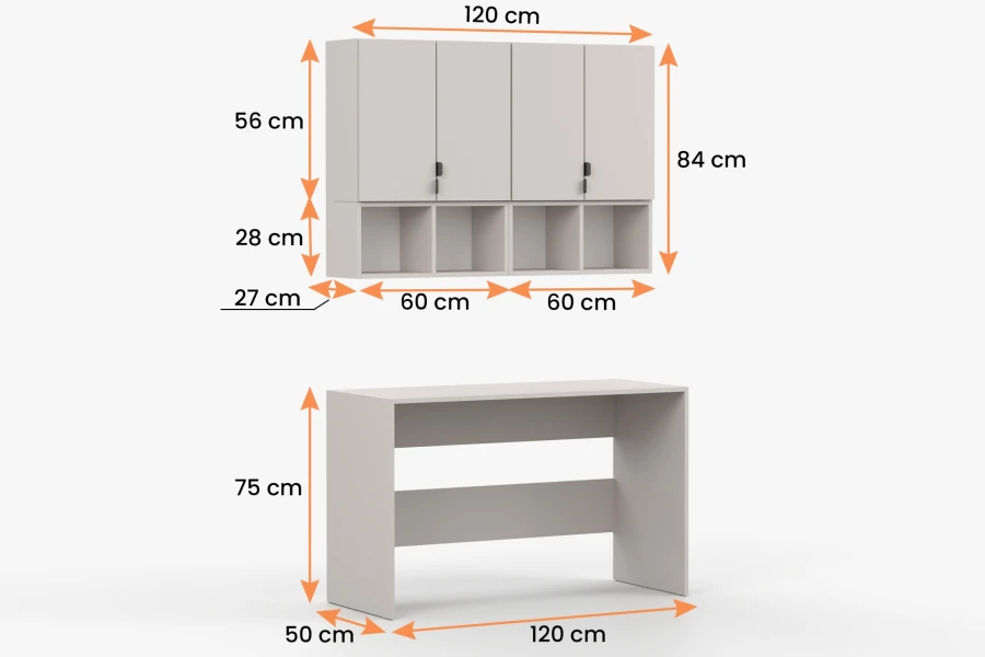 Maßangaben für das Schreibtisch-Set Mano: 120 cm breiter Tisch und passender Hängeschrank.