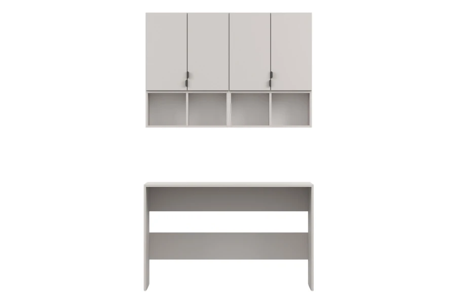 Minimalistischer Schreibtisch in Beige mit vierteiligem Wandschrank und offenen Fächern.