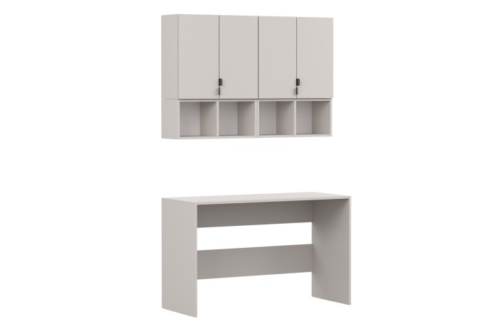 Modulares Büromöbel-Set in Beige mit Hängeschrank, Regalen und passendem Schreibtisch, Seitenansicht.
