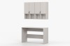 Beige Büromöbel-Kombination bestehend aus Wandschrank mit Fächern und Schreibtisch, 3D-Ansicht.