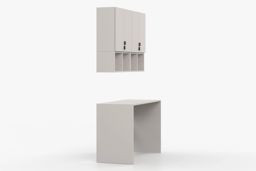 Beiges Schreibtisch-Set mit Hängeschrank und offenen Regalfächern in minimalistischem Design.