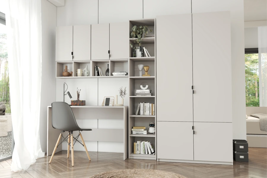 Modernes Jugendzimmer-Set Mano in Hellgrau mit Schreibtisch, Bücherregal und großem Kleiderschrank.
