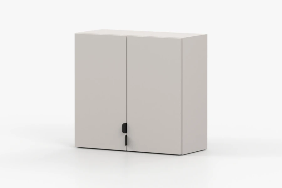 Moderner zweitüriger Wandschrank in Hellgrau mit minimalistischem Design.