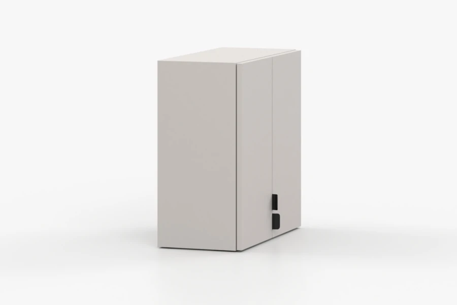 Seitenansicht eines modernen grauen Hängeschranks mit schlichtem Design.