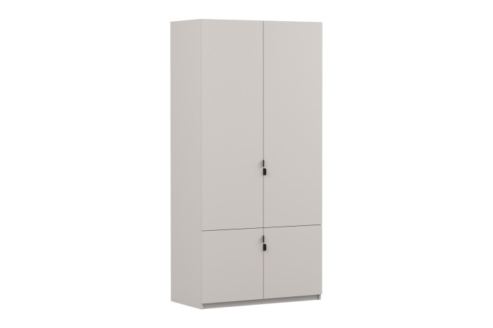 Moderner beiger Kleiderschrank mit vier Türen und schwarzen Griffen in Seitenansicht.