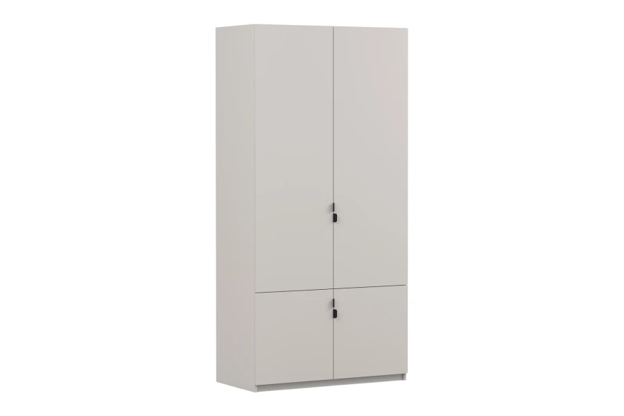 Moderner beiger Kleiderschrank mit vier Türen und schwarzen Griffen in Seitenansicht.