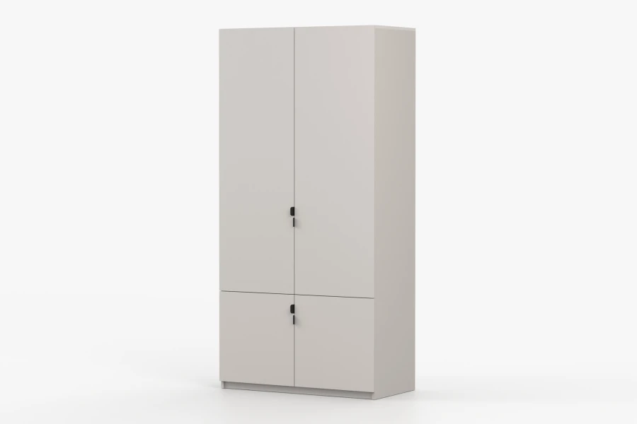 Beiger viertüriger Schrank für Schlafzimmer oder Büro in minimalistischem Design.